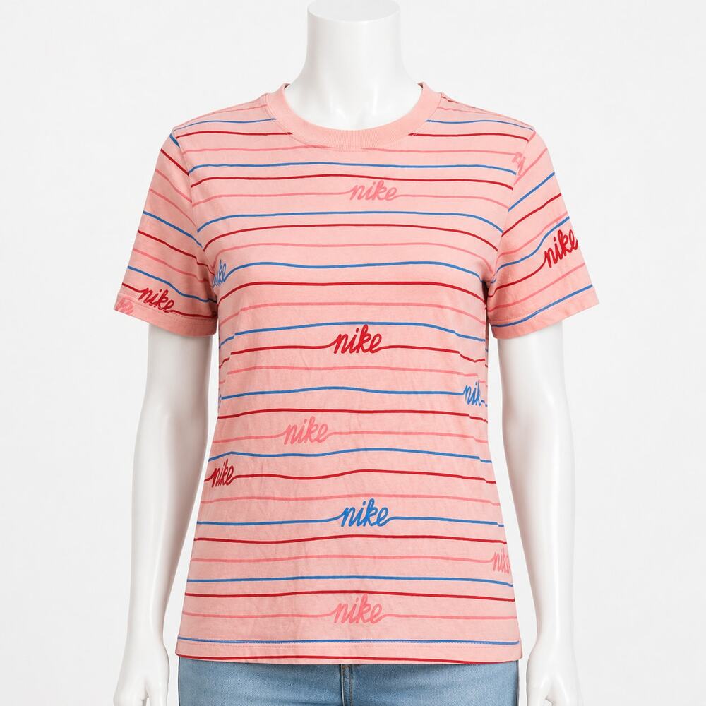 Nike Sportswear Pink Striped Graphic T-Shirt Women's M 100% Cotton Short Sleeve